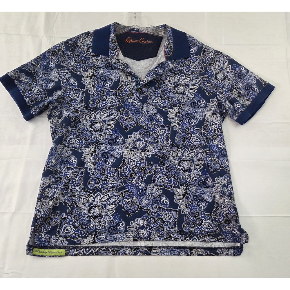 Robert Graham Golf Polo Shirt Mens Large Blue Paisley Performance Resort Wear